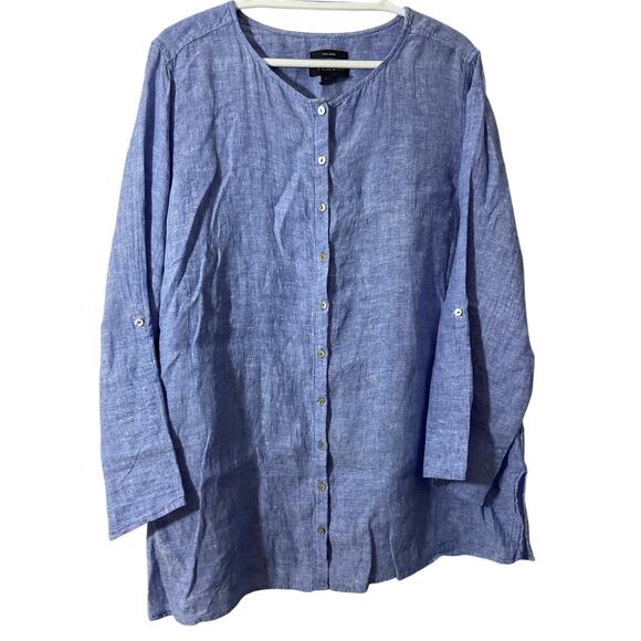 TAHARI 2X Blue 100% Linen Roll Tab Sleeve MOP Button Flowy Tunic Top Blouse - Picture 1 of 6